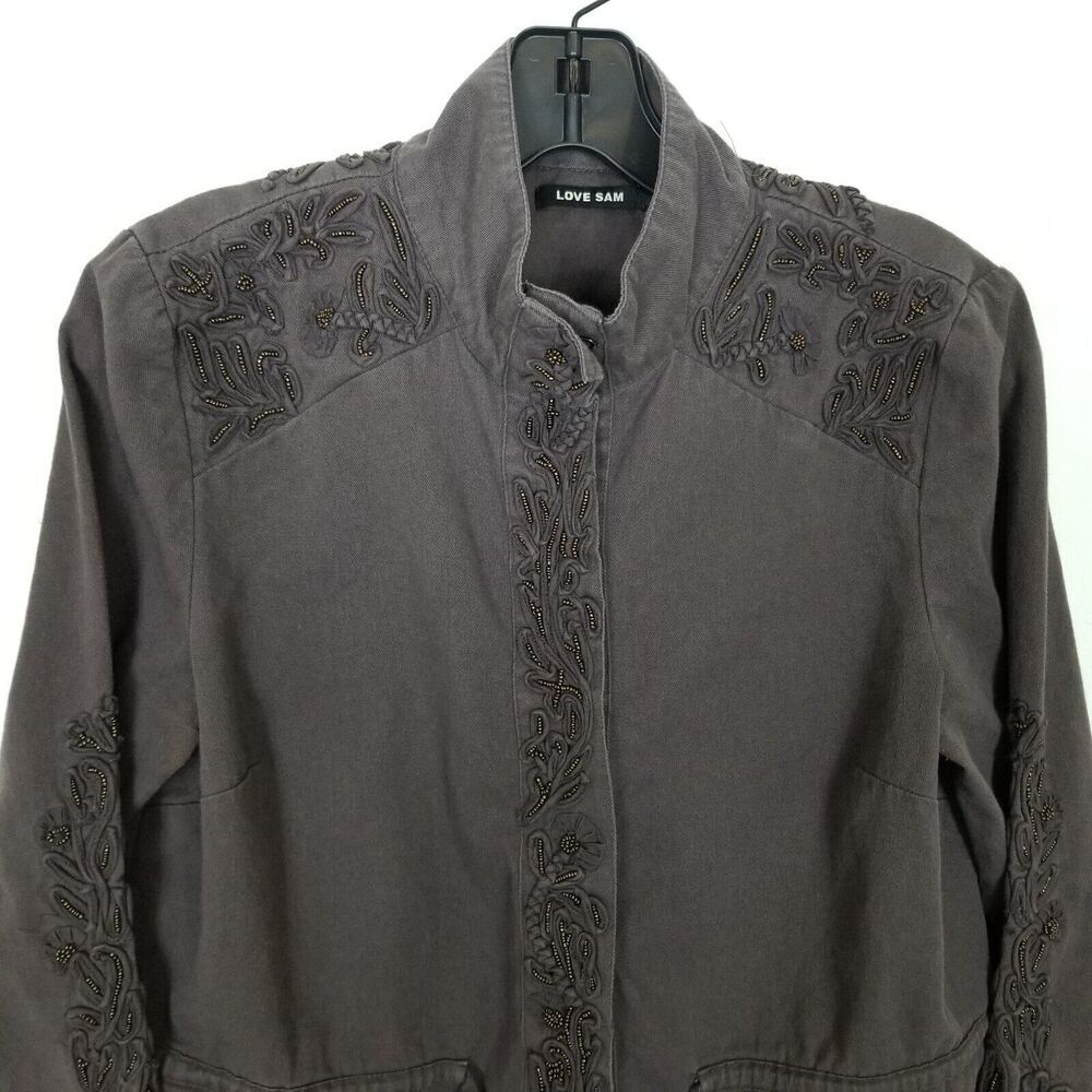 Love Sam Anthropologie Beaded Embroidered Jacket Sz S Brown Ribbon Cotton Boho - Picture 2 of 9